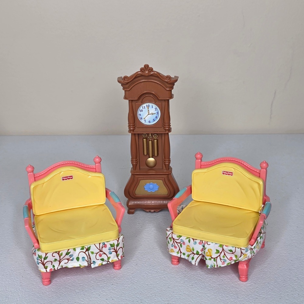 Vintage Fisher Price Loving Family Dollhouse Furniture Arm Chairs Clock Set